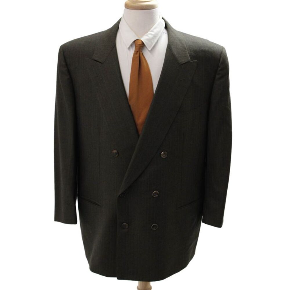 Belvest Mens Dark Gray Herringbone Wool Suit Jacket Collared Button Size S